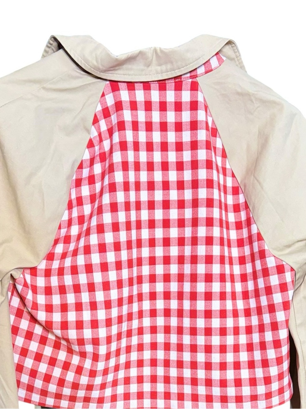 English Factory Beige Cropped Trench with Red Gingham Trim sz M - Picture 15 of 16